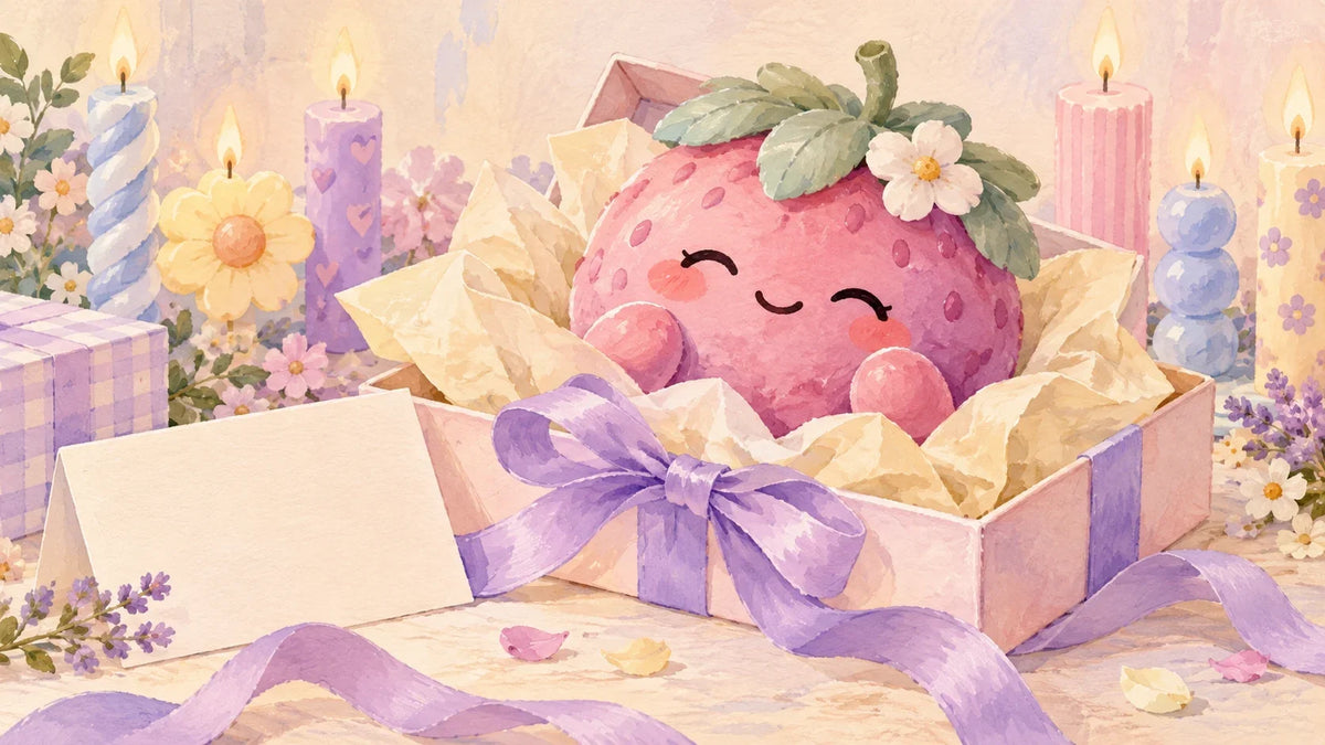 A berry-inspired squishy gift with a birthday card and ribbon