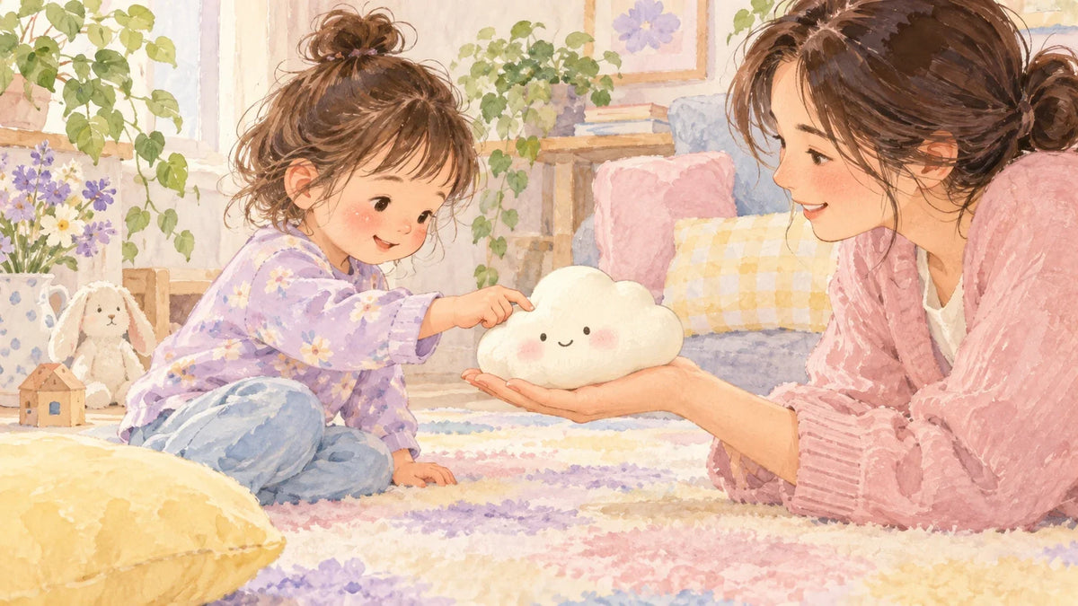 A parent offering a cloud squishy for a child to explore by choice