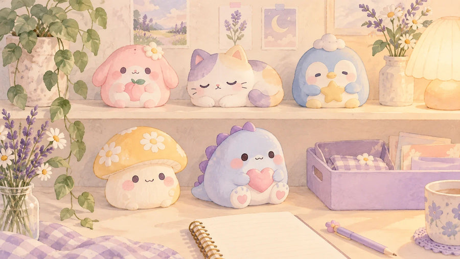 A modest squishy display and a wishlist notebook for intentional collecting