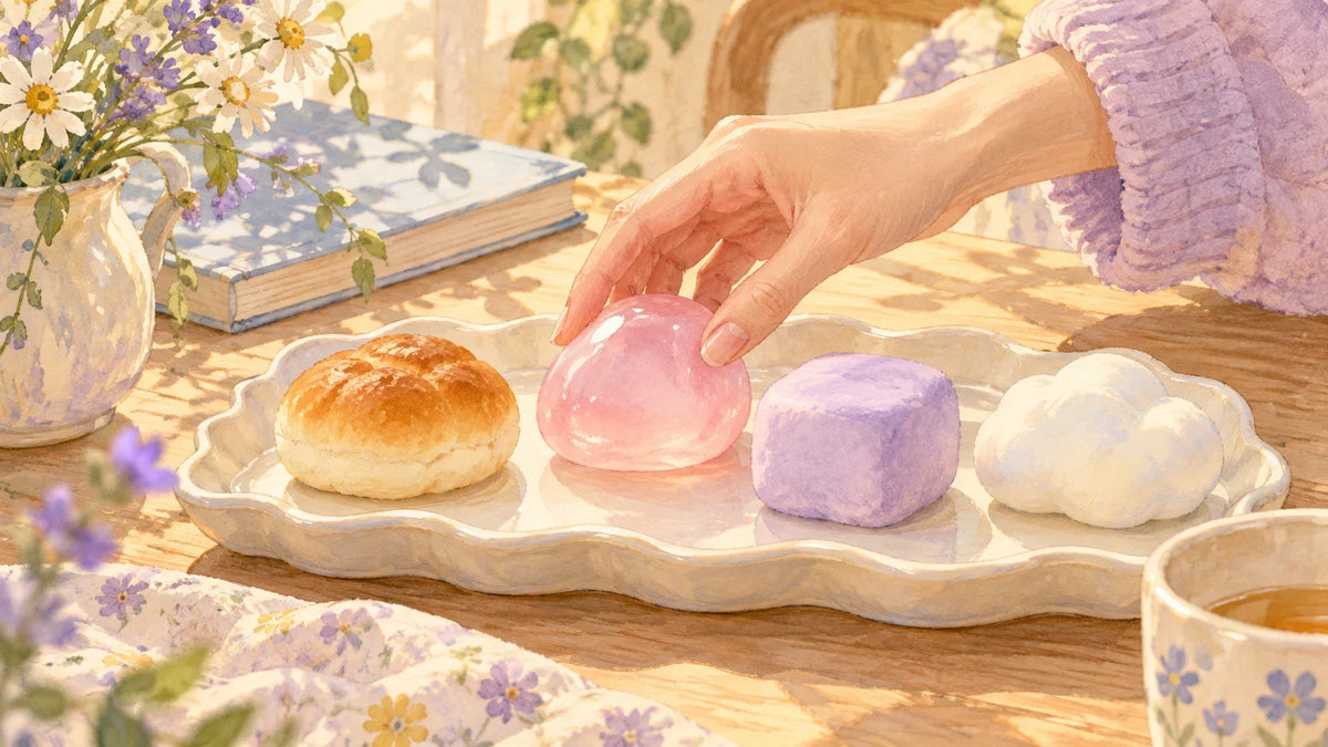 An adult hand choosing among four illustrated squishy textures on a tray