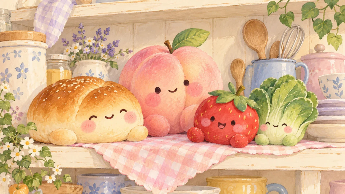 Smiling food, fruit and vegetable squishy concepts on a miniature pantry shelf