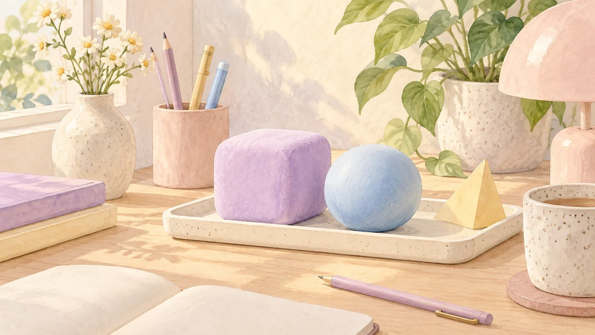 Rounded geometric squishy concepts on an uncluttered desk tray