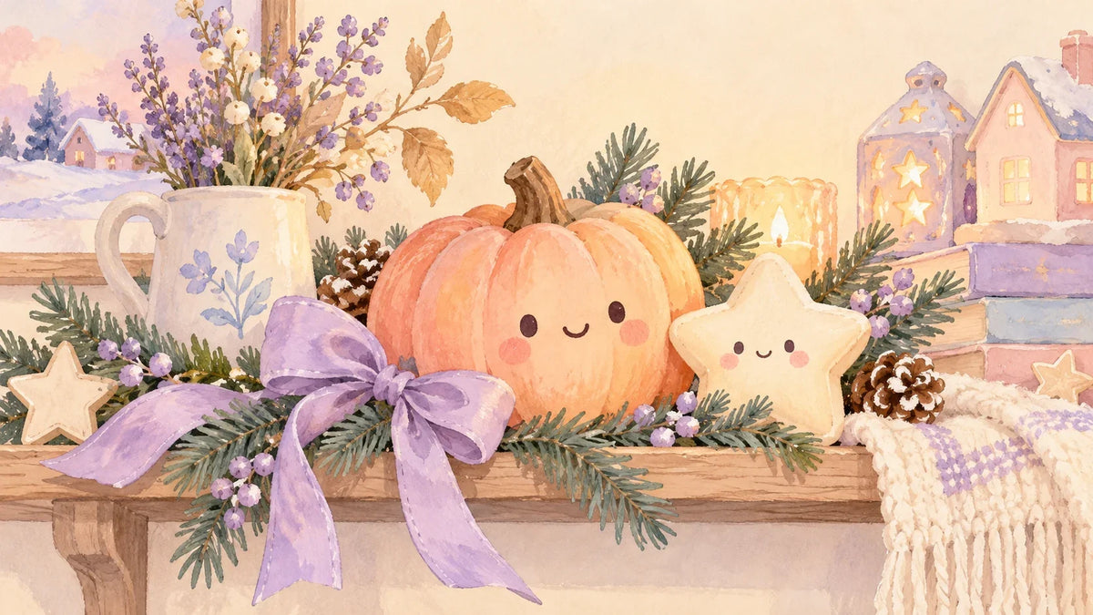 Seasonal pumpkin and star squishy concepts on a soft holiday shelf