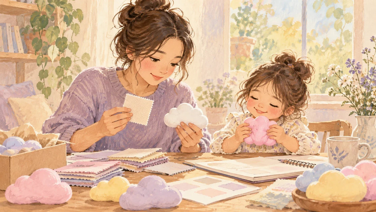 A painted mother sourcing material samples while her daughter explores a squishy