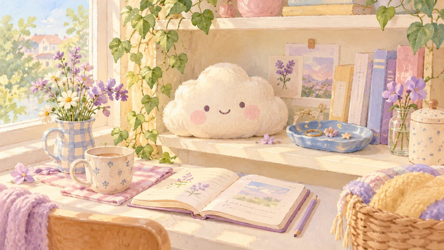 A small lived-in joy corner with a cloud squishy, notebook and ceramic tray