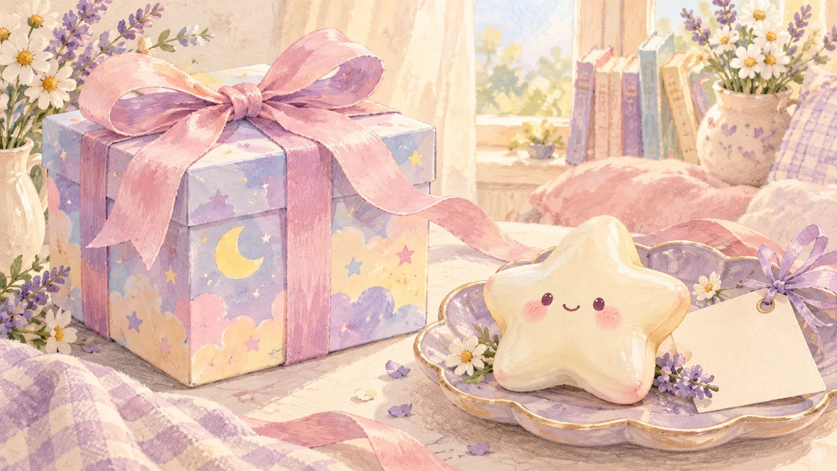 A closed mystery gift box beside an individually chosen star squishy