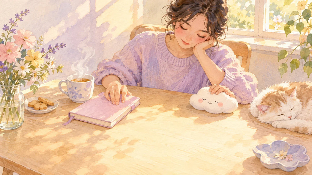 Hands pausing beside a cloud squishy and a closed notebook