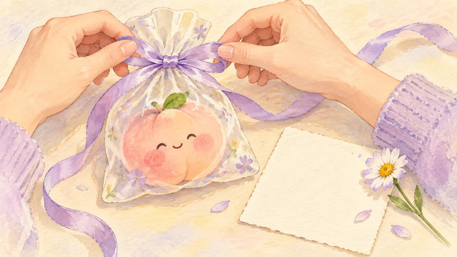 A hand wrapping a personal squishy gift with a note and ribbon