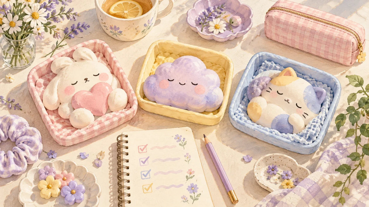 Squishies stored separately with desk tools kept safely away