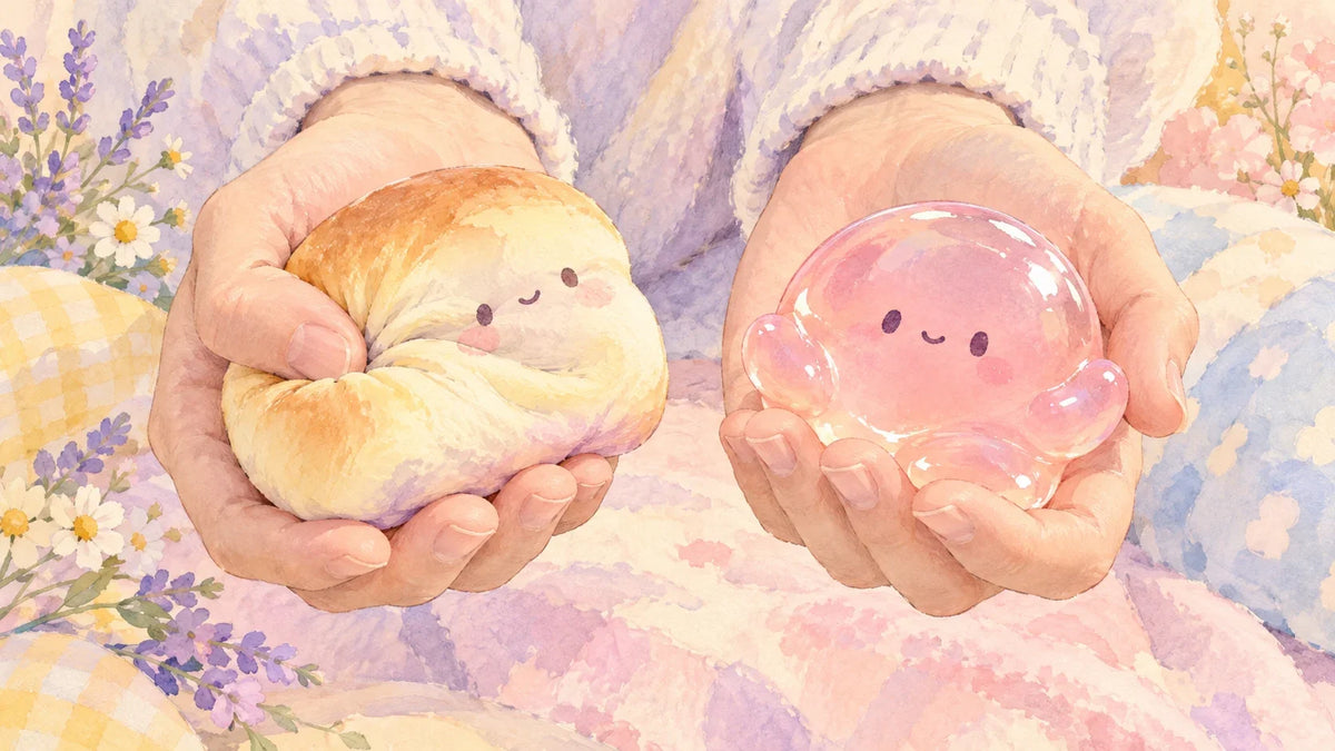 Open palms comparing a slow-rise bun and a yielding pink gel-like squishy
