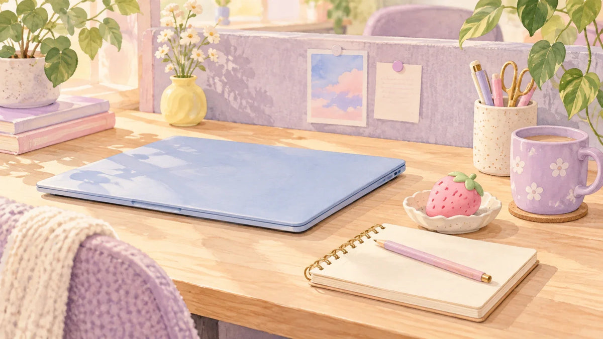 A compact shared work desk with a small strawberry squishy in its resting dish