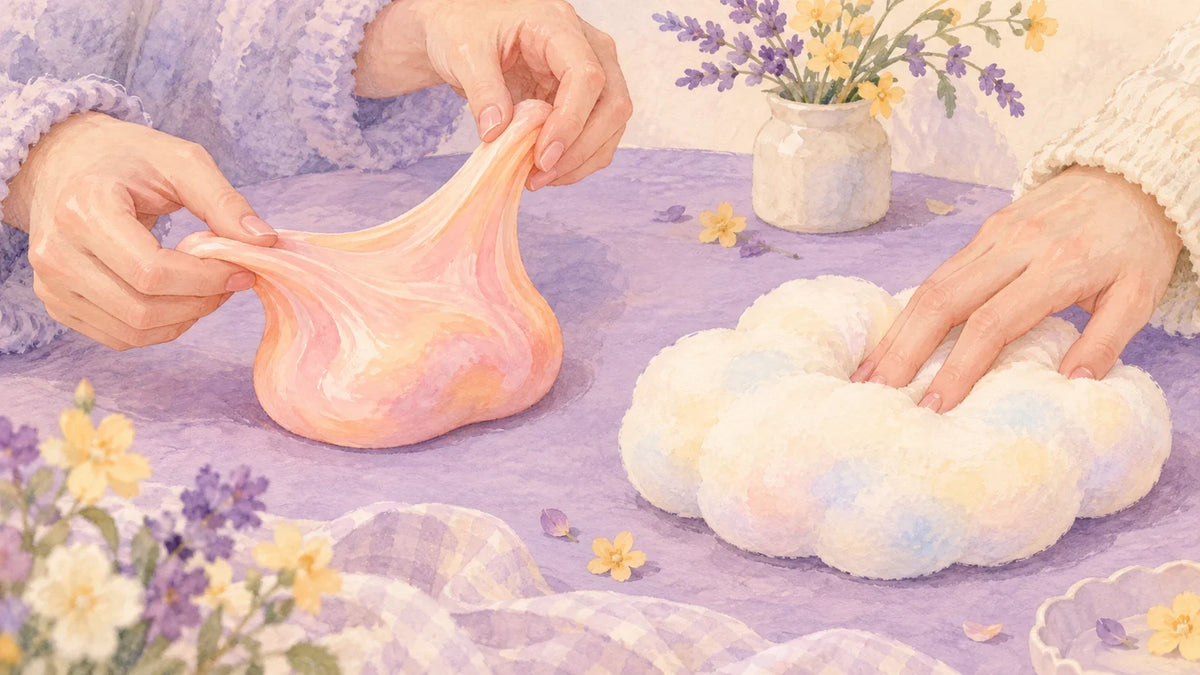 Gentle stretching and pressing of two illustrated squishy textures