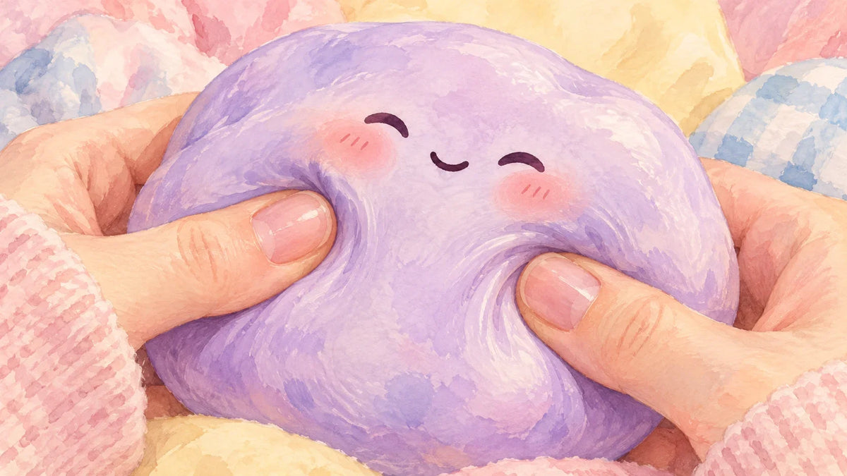 Close-up painted fingertips gently pressing a lavender squishy