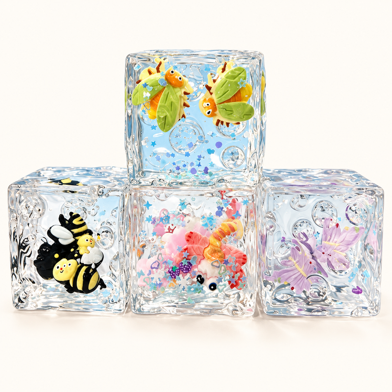 SQUEEZU Animal World Cube Squishy toys with miniature animal decorations inside clear cubes.