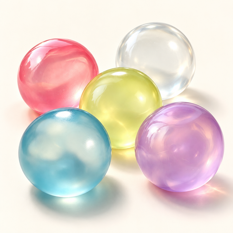 SQUEEZU Translucent Ball Squishy toys in pink, clear, yellow, blue and purple.