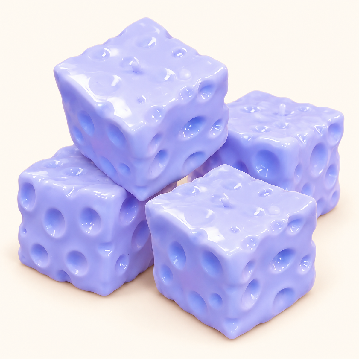 Three lavender-blue SQUEEZU Blueberry Cheese Cube Squishy toys stacked together.