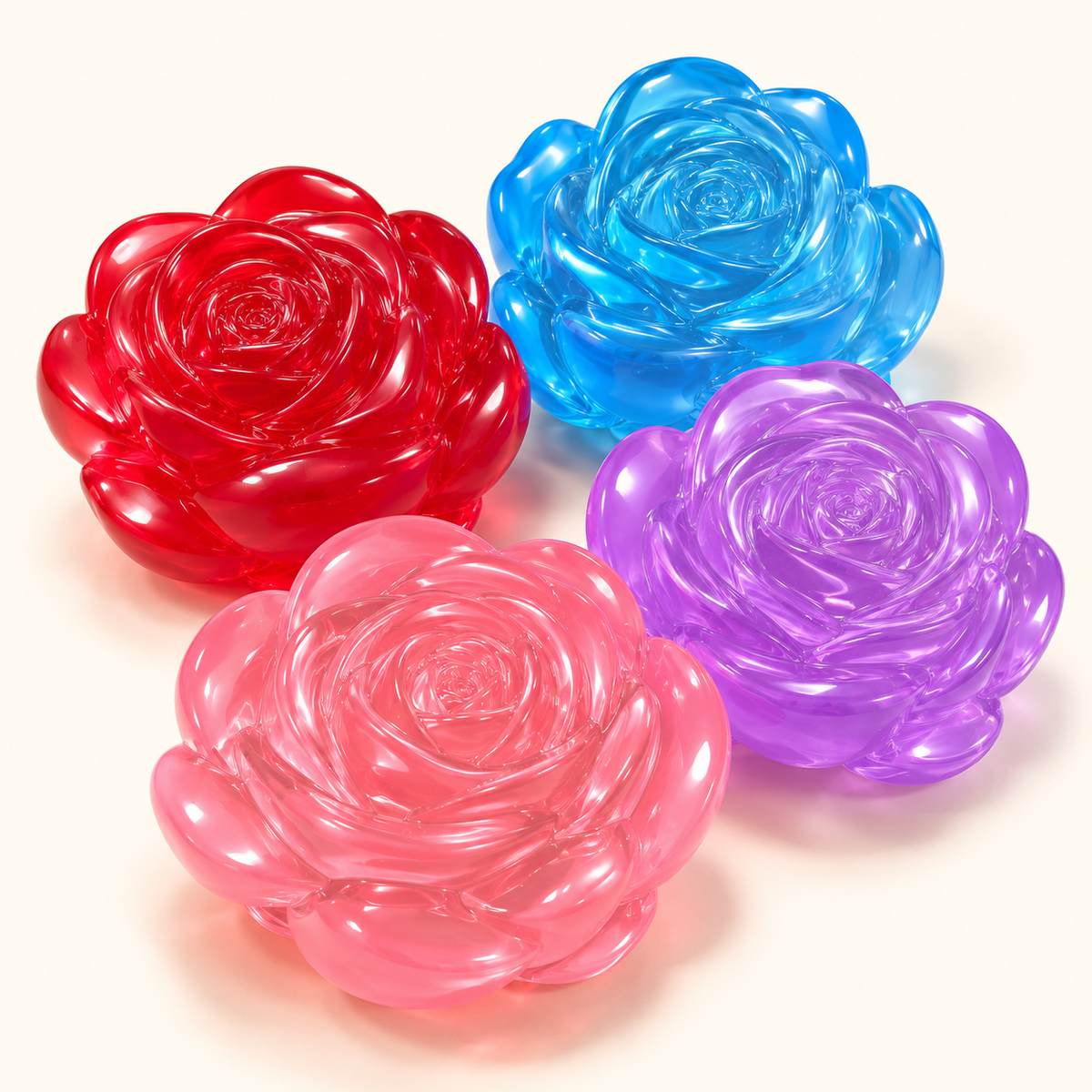 SQUEEZU Crystal Rose Squishy toys in red, blue, pink and purple with sculpted translucent petals.