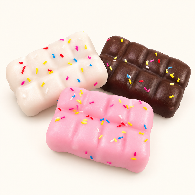 SQUEEZU Crispy Chocolate Bar Squishies in cream, pink and chocolate brown, decorated with colorful sprinkles.