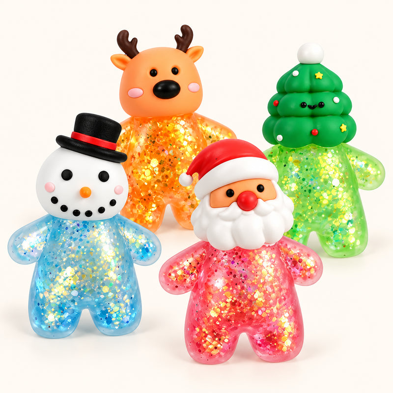SQUEEZU Christmas Character Squishy toys in Santa, snowman, reindeer and Christmas tree styles.