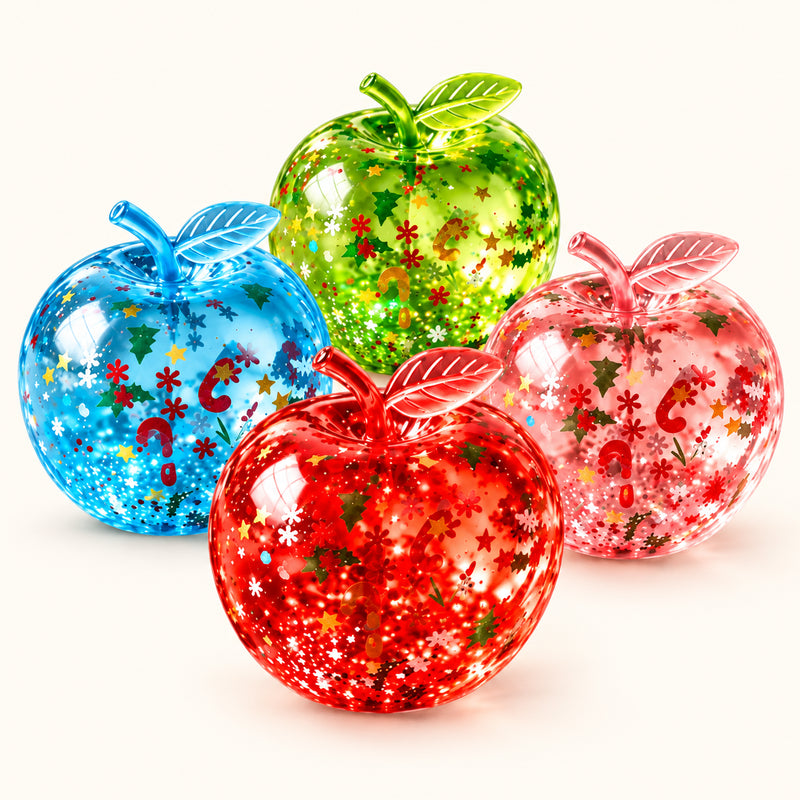 Blue, green, pink and red SQUEEZU Christmas Confetti Apple Squishy toys with festive confetti inside.