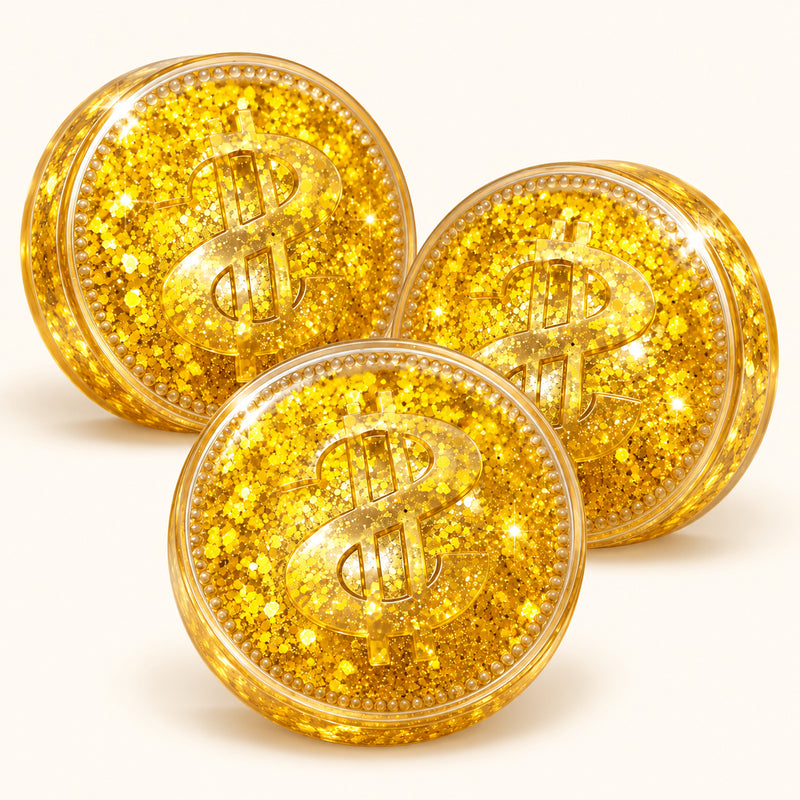 Three SQUEEZU Gold Dollar Sign Coin Squishy toys with gold glitter and raised dollar signs.