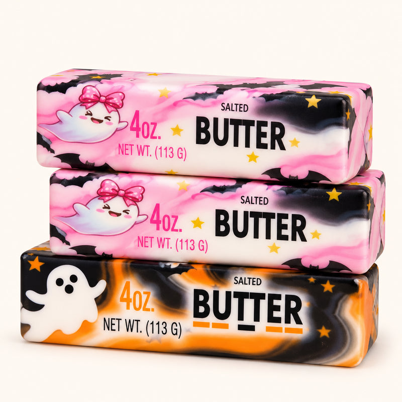 SQUEEZU Halloween Ghost Butter Bar Squishy toys with pink and black ghost prints.