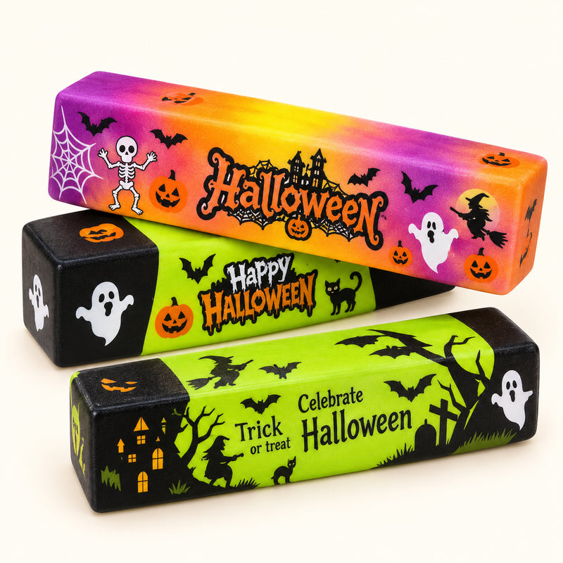 SQUEEZU Halloween Pumpkin Butter Bar Squishy toys with purple, orange, green and black prints.