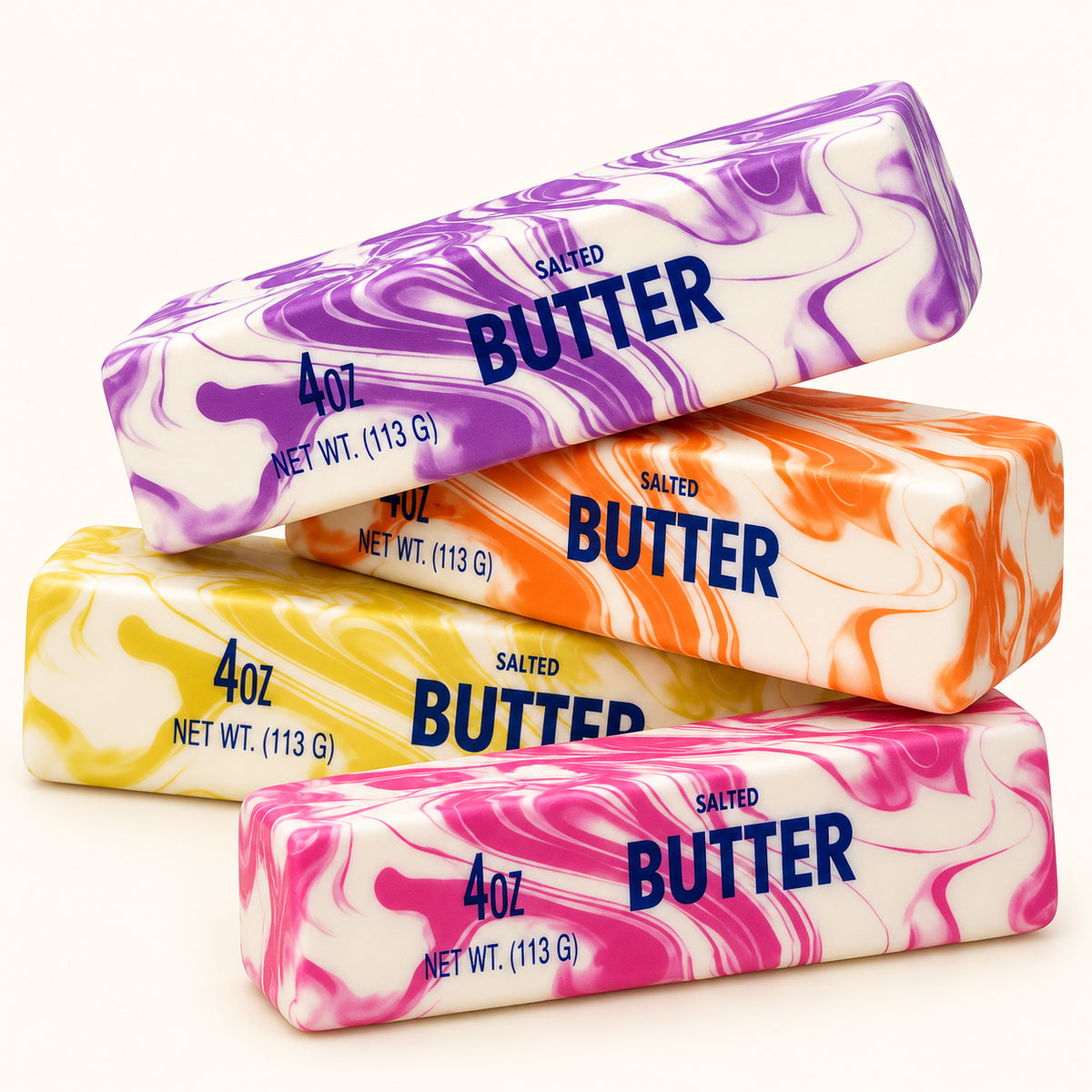 Purple, orange, yellow and pink SQUEEZU Marbled Butter Bar Squishy toys with swirl prints.