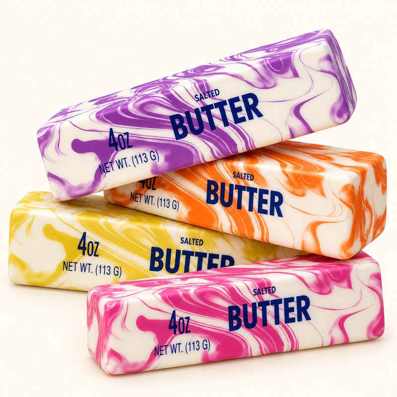 Purple, orange, yellow and pink SQUEEZU Marbled Butter Bar Squishy toys with swirl prints.