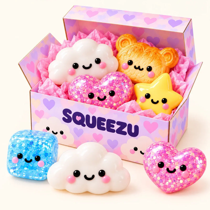 Open SQUEEZU Squishy Mystery Box with cloud, heart, star, toast and blue cube toys; example assortment.