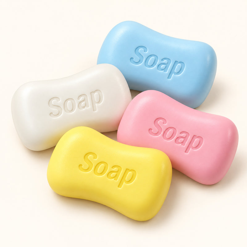 White, blue, pink and yellow SQUEEZU Soap Bar Squishy toys with recessed Soap lettering.