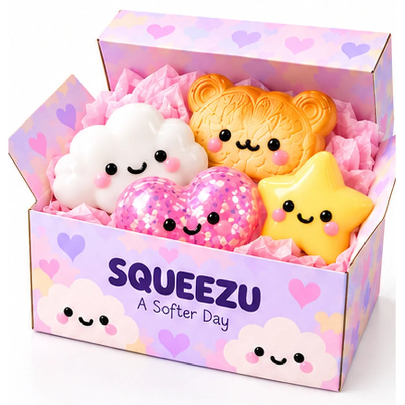 Open SQUEEZU mystery box with cloud, toast, heart and star squishies; example assortment.