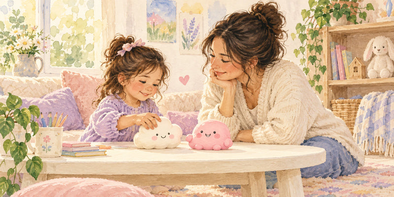 Painted illustration of a mother and daughter exploring squishies
