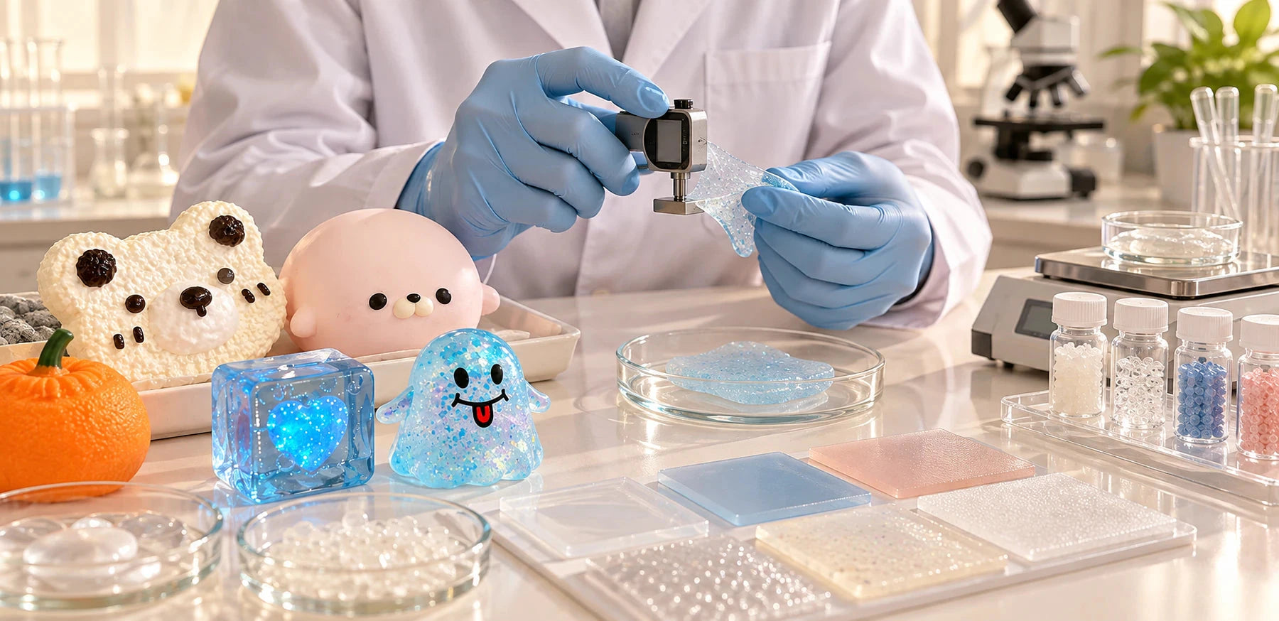Gloved hands inspecting a soft material sample in a clean laboratory alongside squishy products