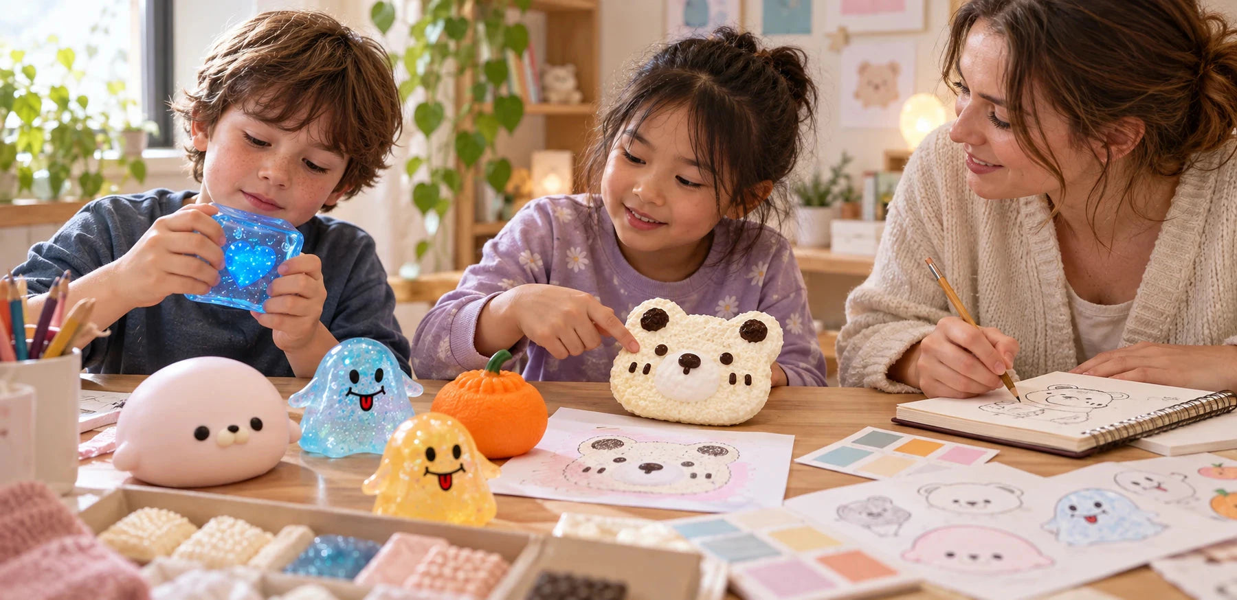 Children exploring squishy designs with an attentive designer, sharing preferences through touch and sketches
