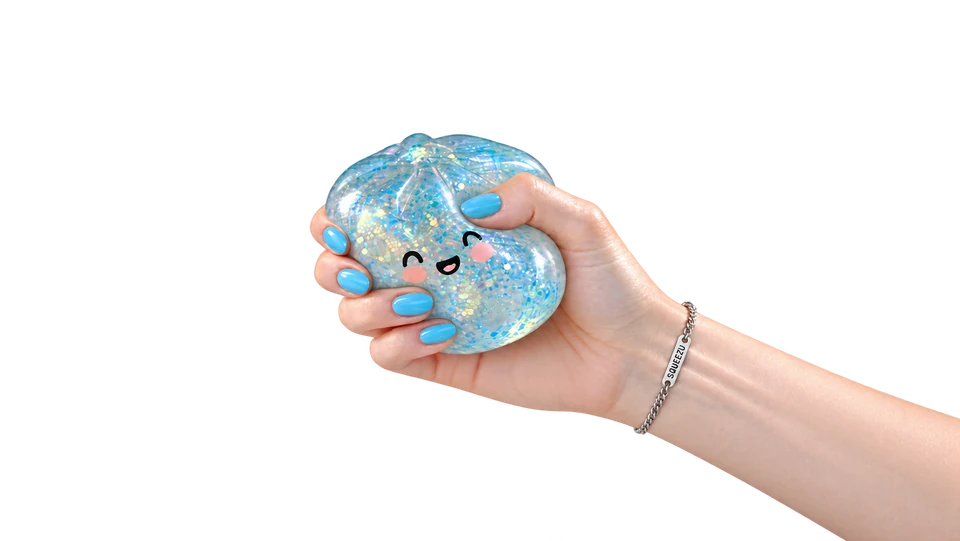 A hand squeezing a blue glitter cloud SQUEEZU