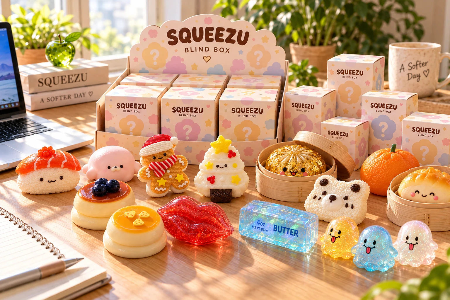 SQUEEZU mystery boxes and a colorful selection of squishies on a warm sunlit desk