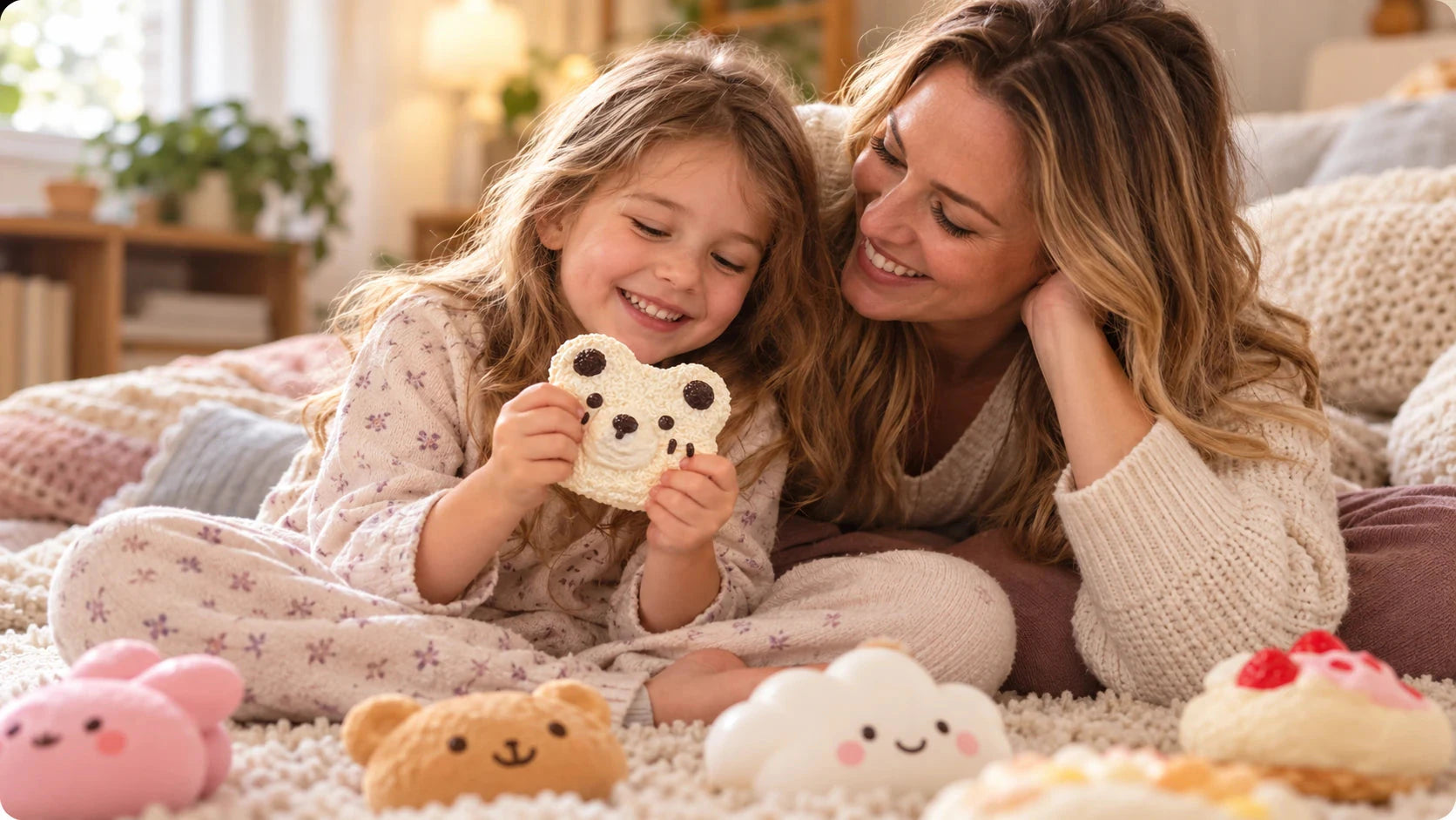 A mother and daughter enjoying squishy toys together, with the daughter holding a white bear-shaped squishy
