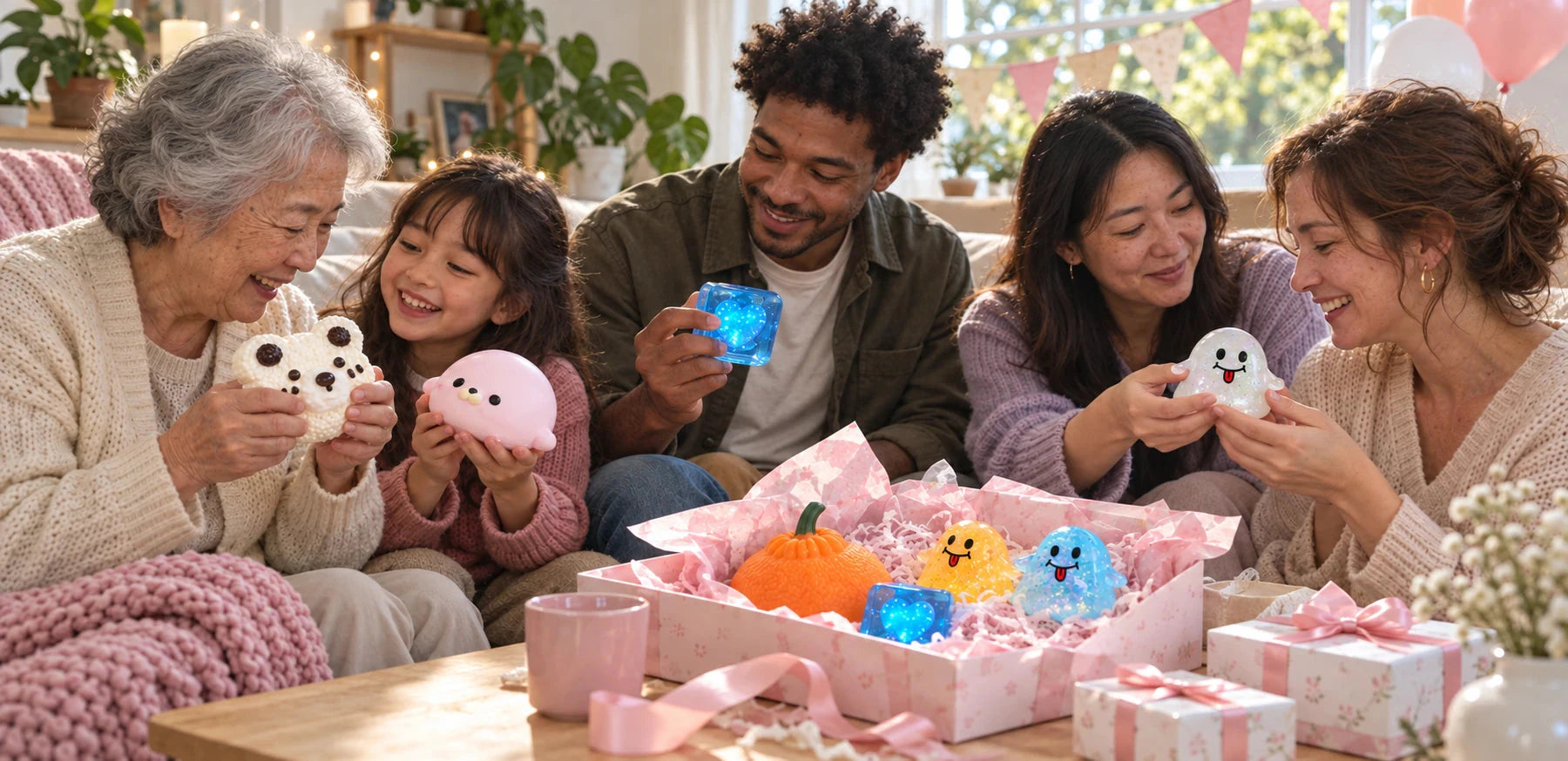 Children, adults and a grandmother enjoying squishy gifts together at a warm, relaxed gathering