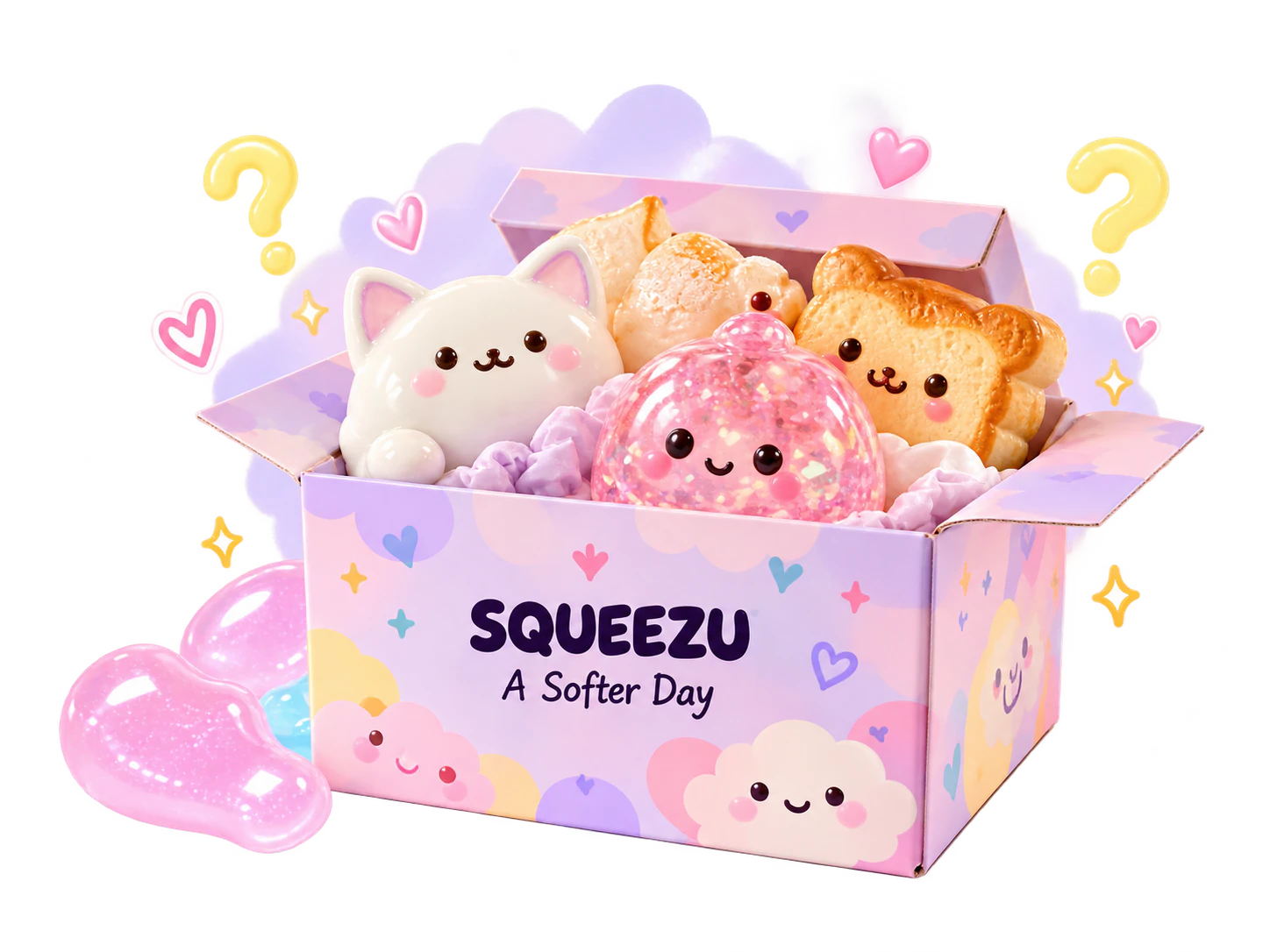 A pastel surprise box filled with smiling squishy friends