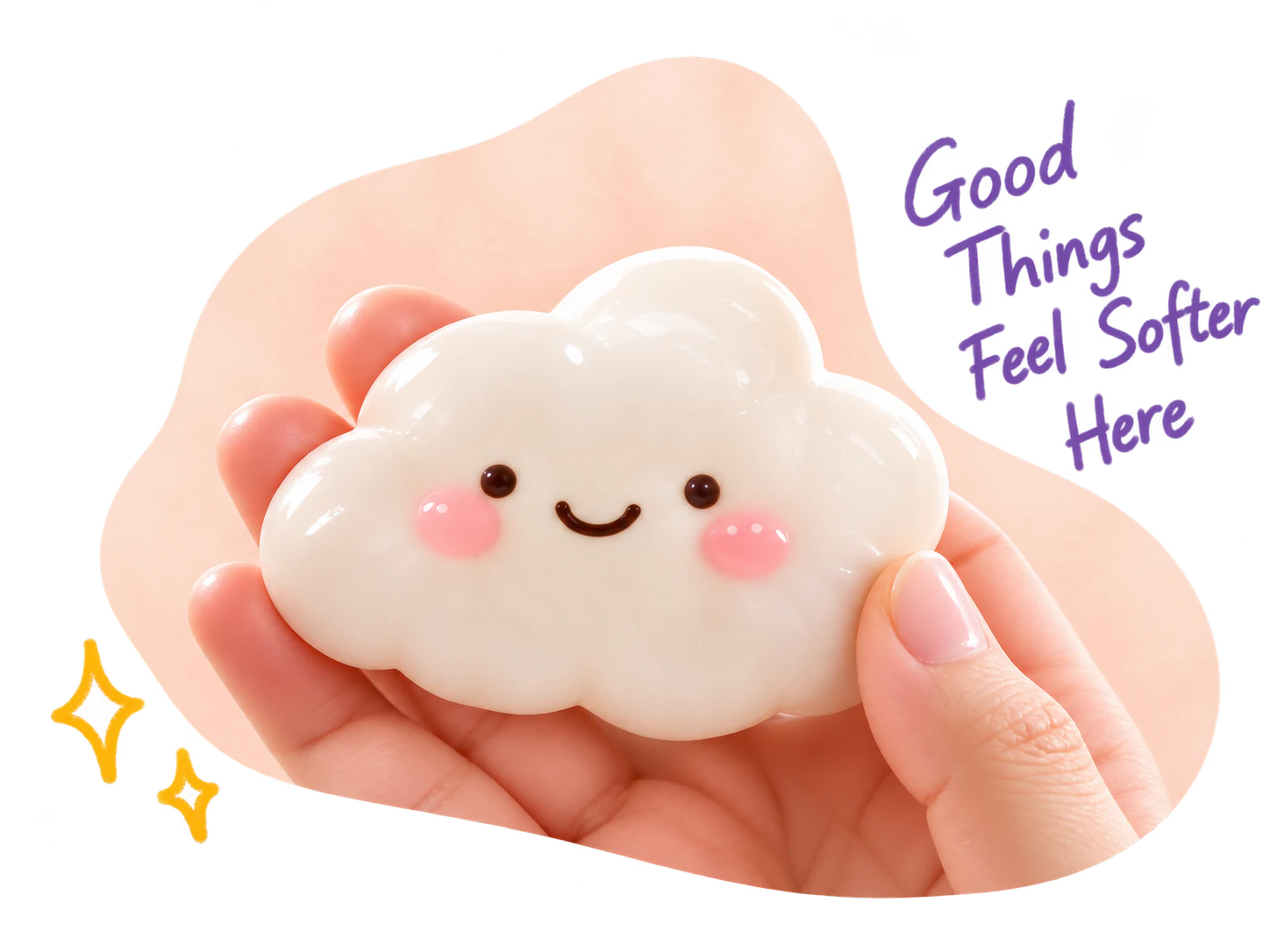 A white cloud squishy held gently in a hand